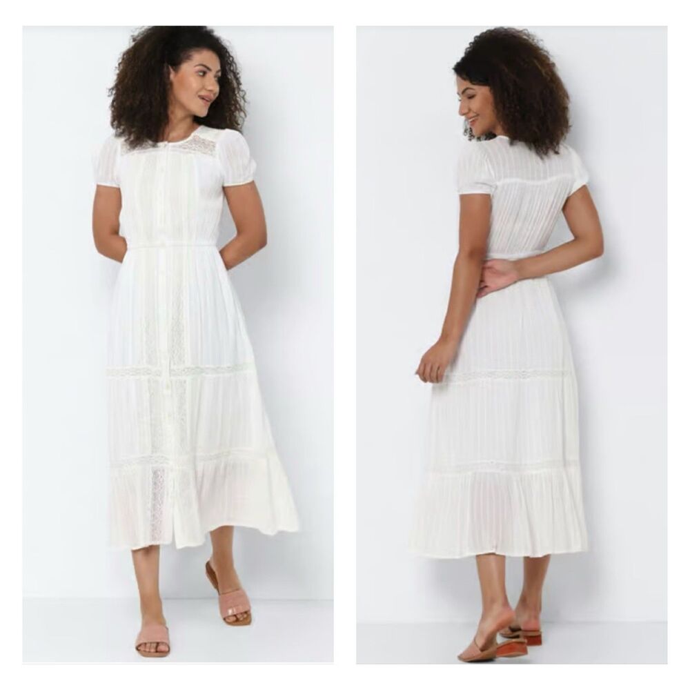 AMERICAN EAGLE White Lace Short Sleeve Lined Shirt Midi Dress, Sz M
